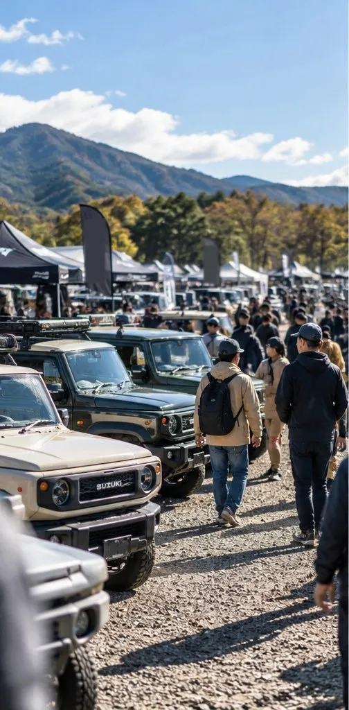 イベント会場に並ぶジムニーと、その間を歩く人たち